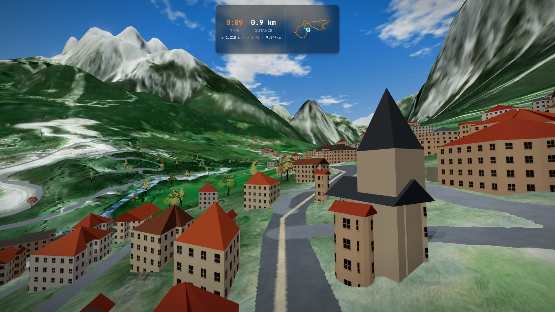 The first-person 3D flythrough through Cortina on Lavaredo, with the town, the Dolomites and the live race stats